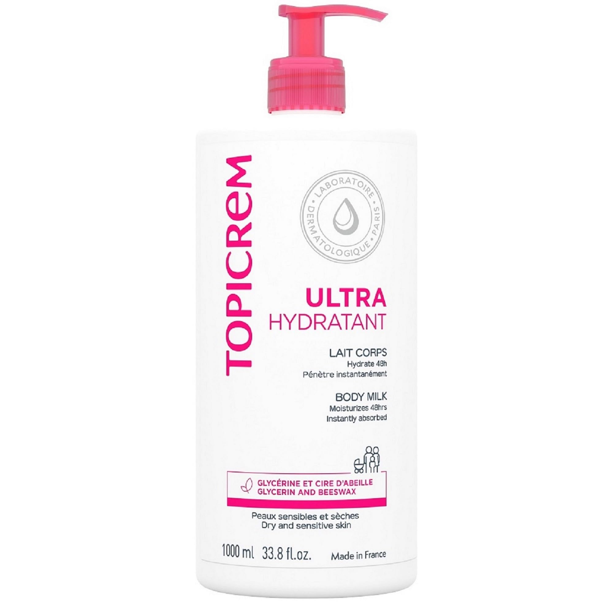 Topicrem Ultra-Moisturizing Body Milk 1000ml bottle provides long-lasting hydration for dry skin.