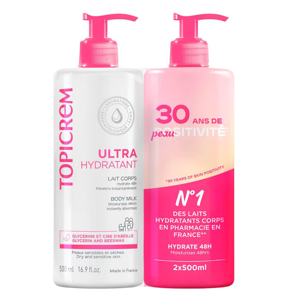 Topicrem Ultra-Moisturizing Body Milk 2x500ml front shot shows rich hydration for dry skin.