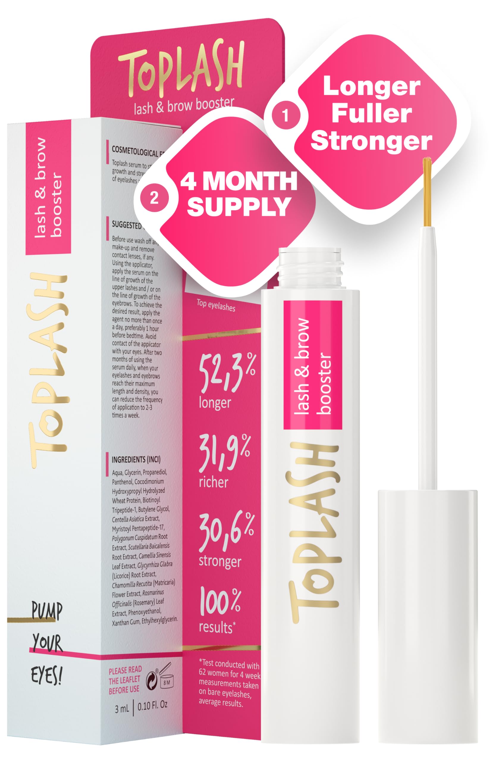 Toplash eyelash growth serum bottle shown for easy daily use and travel-friendly size