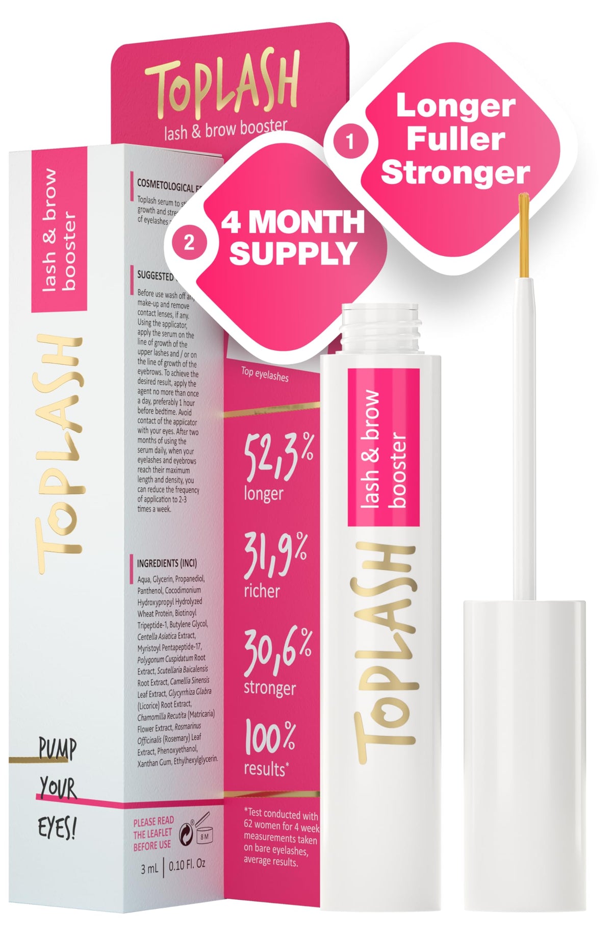 Toplash eyelash growth serum bottle shown for easy daily use and travel-friendly size