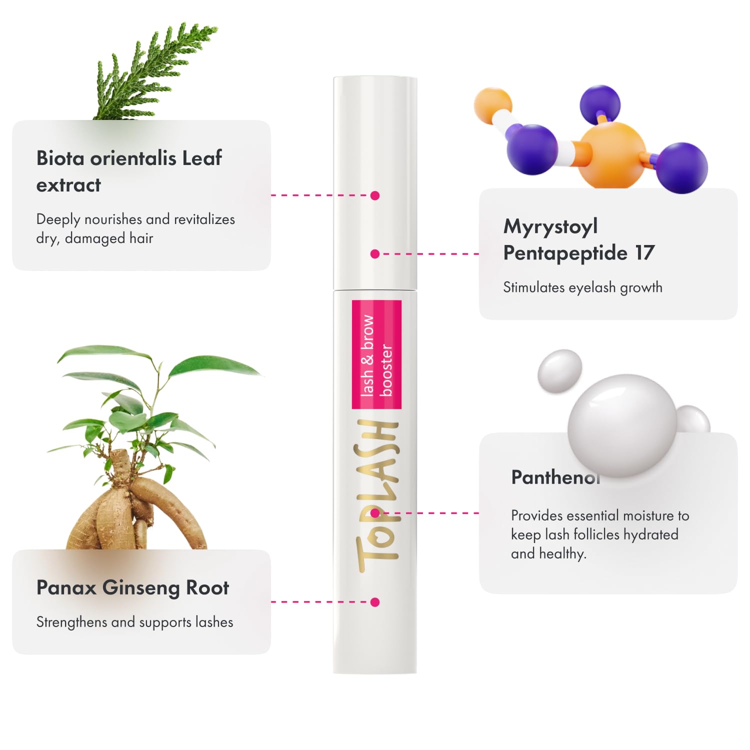 Toplash eyelash growth serum brows closeup highlights volumizing and thickening effect