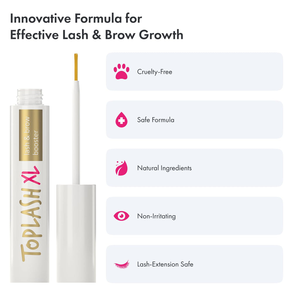 Toplash XL bottle with botanical imagery signals natural, salon-quality care.