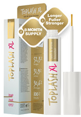 Toplash XL lash booster bottle shows potent botanicals for daily lash and brow care.