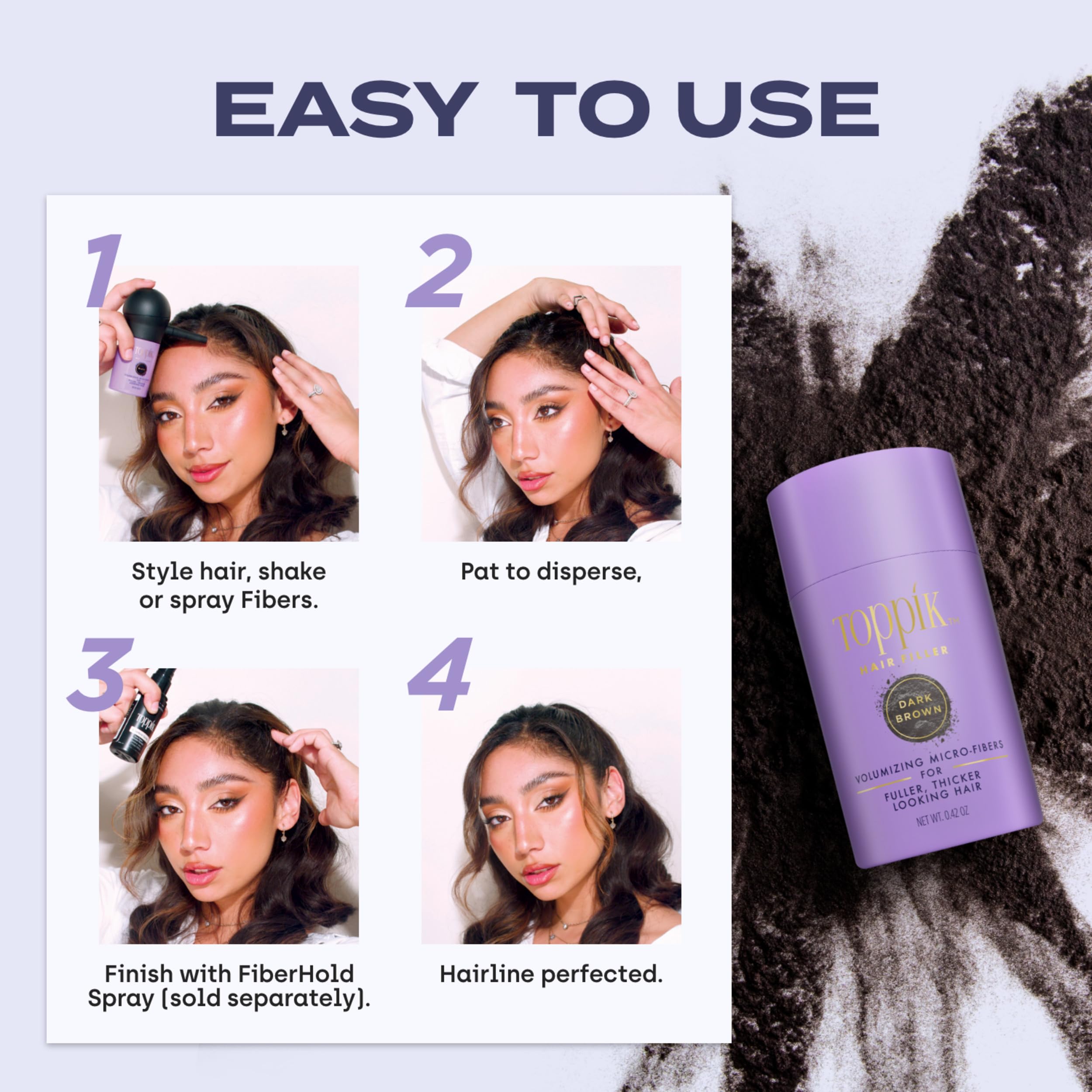 TOPPIK dark brown bottle smooths baby hairs into the scalp with subtle hold.