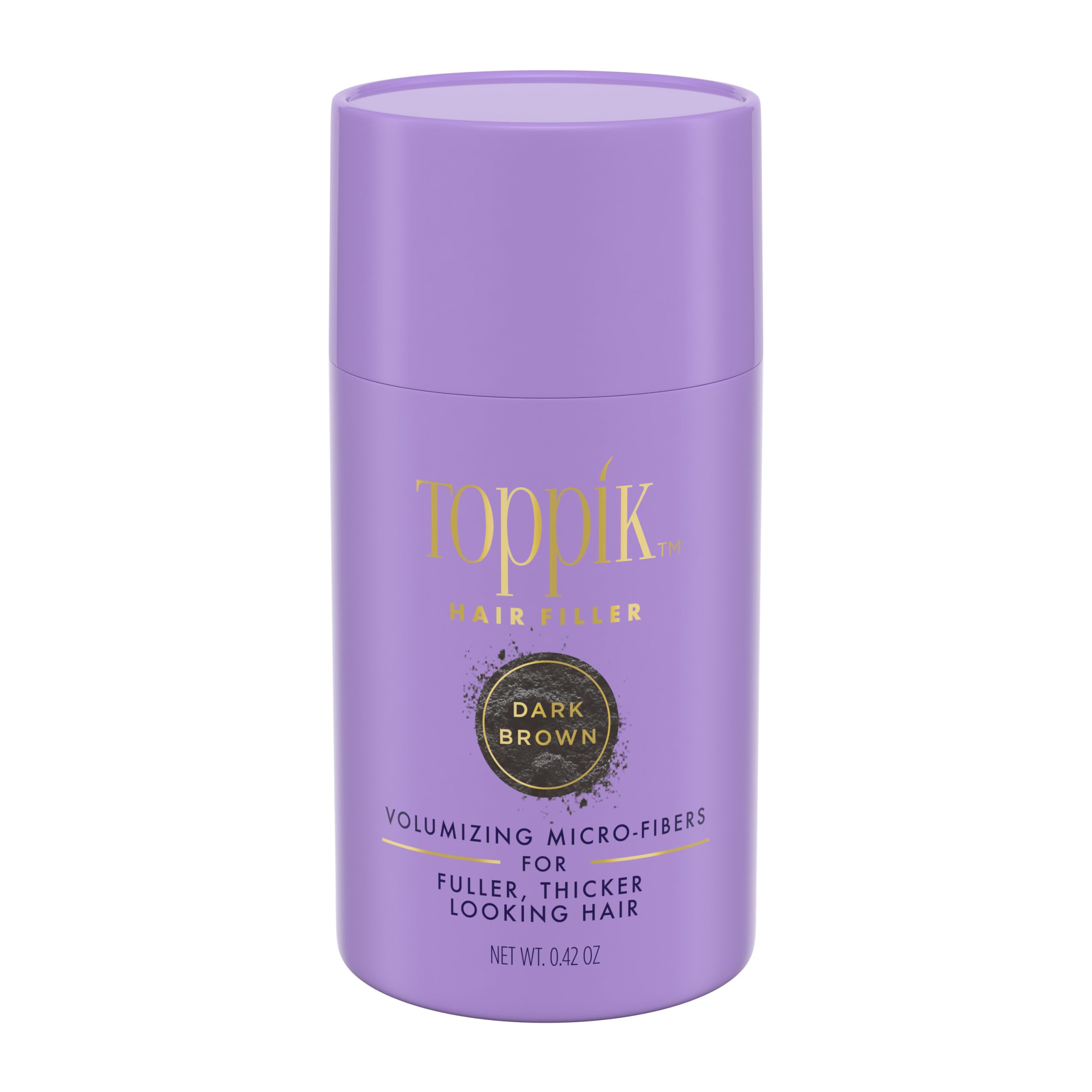 TOPPIK hair filler dark brown bottle showcases instant texture and natural look for thinning hair.