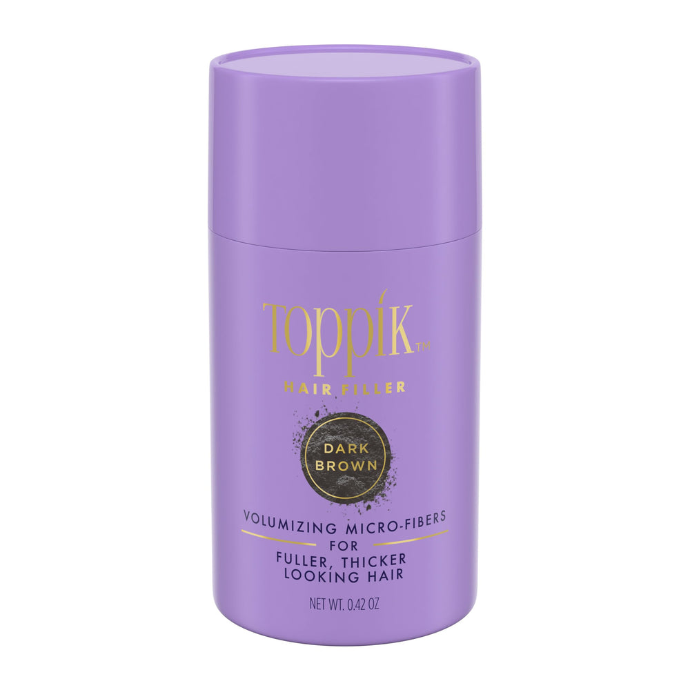TOPPIK hair filler dark brown bottle showcases instant texture and natural look for thinning hair.
