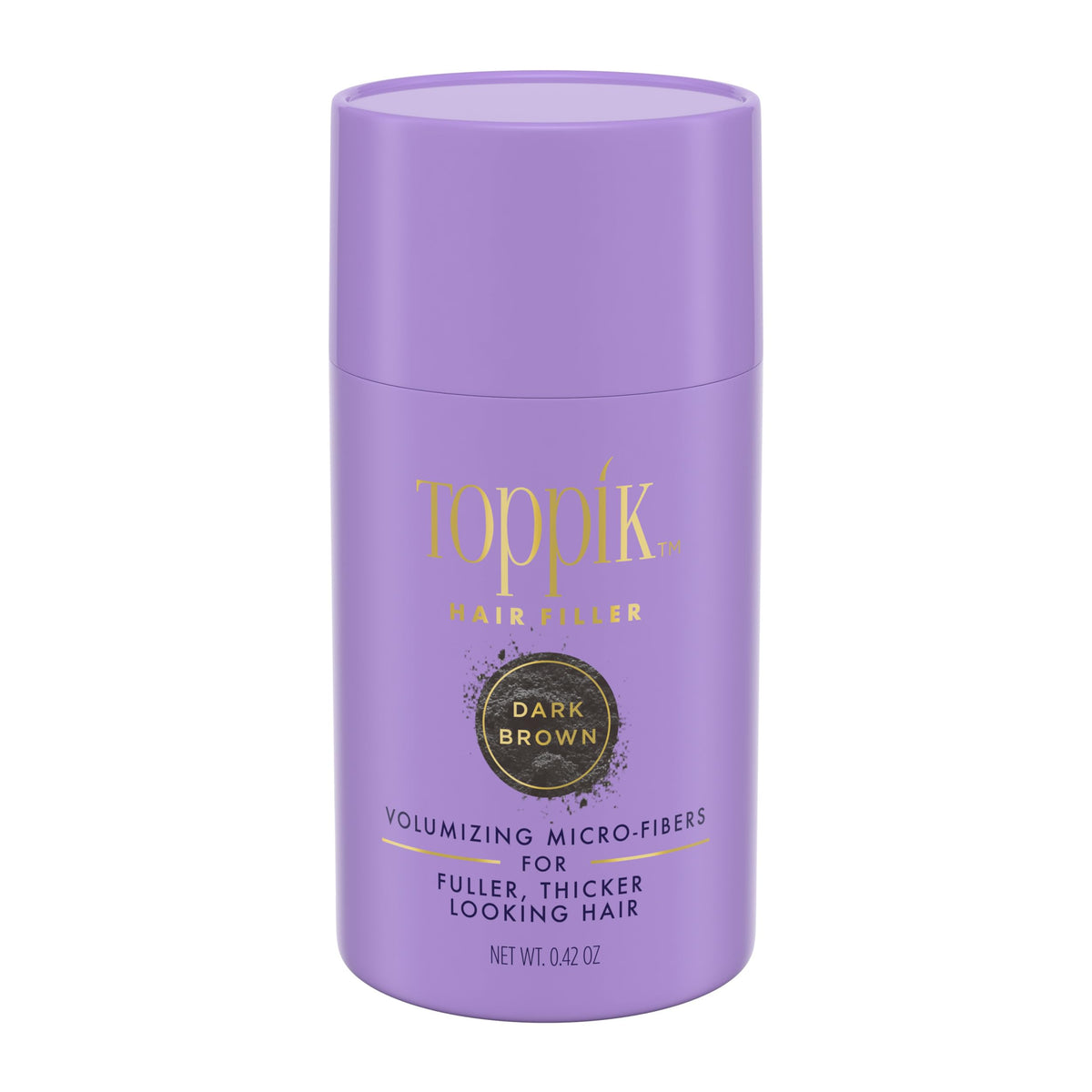 TOPPIK hair filler dark brown bottle showcases instant texture and natural look for thinning hair.
