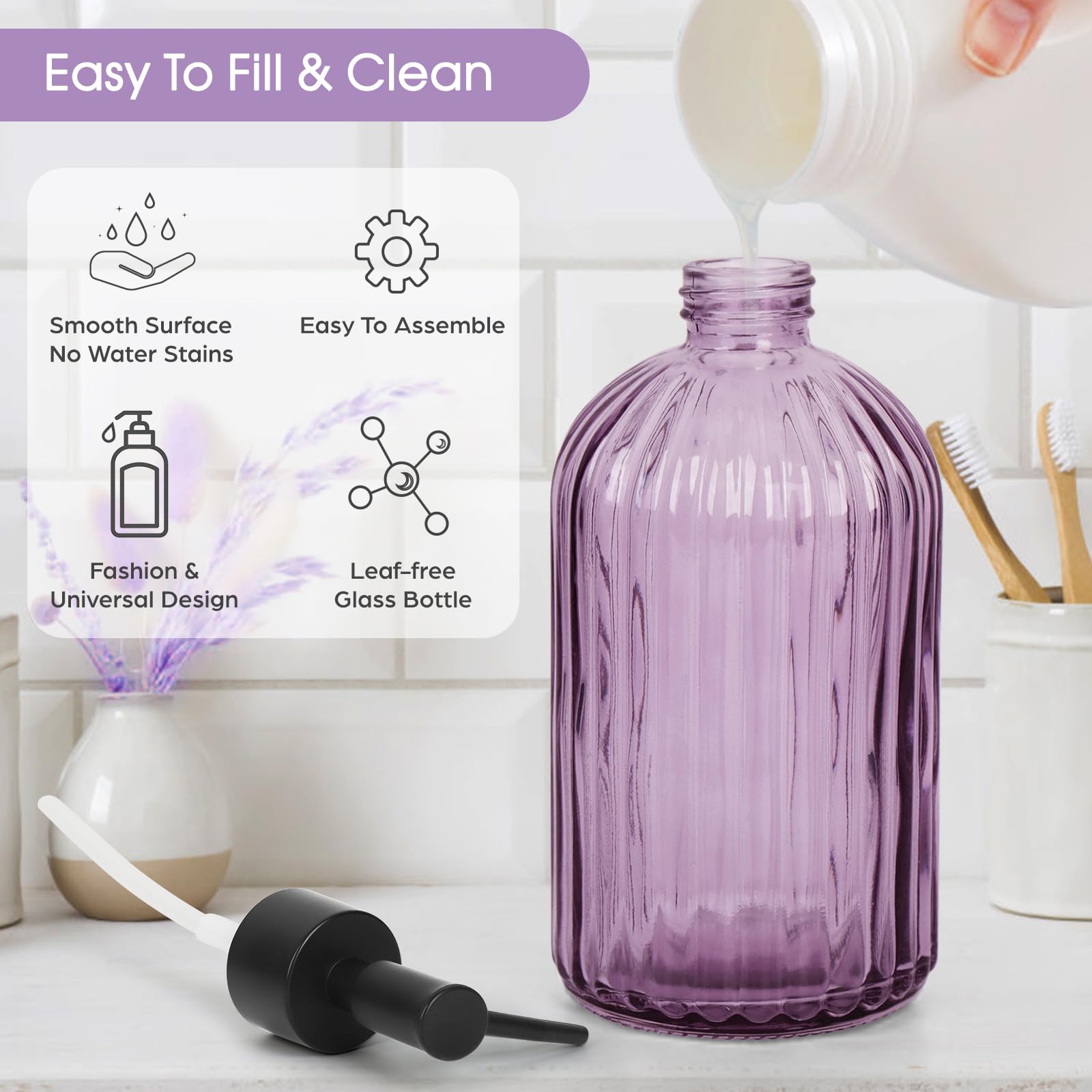 Topsky stripe glass soap dispenser purple bathroom kitchen setup on a tidy counter.