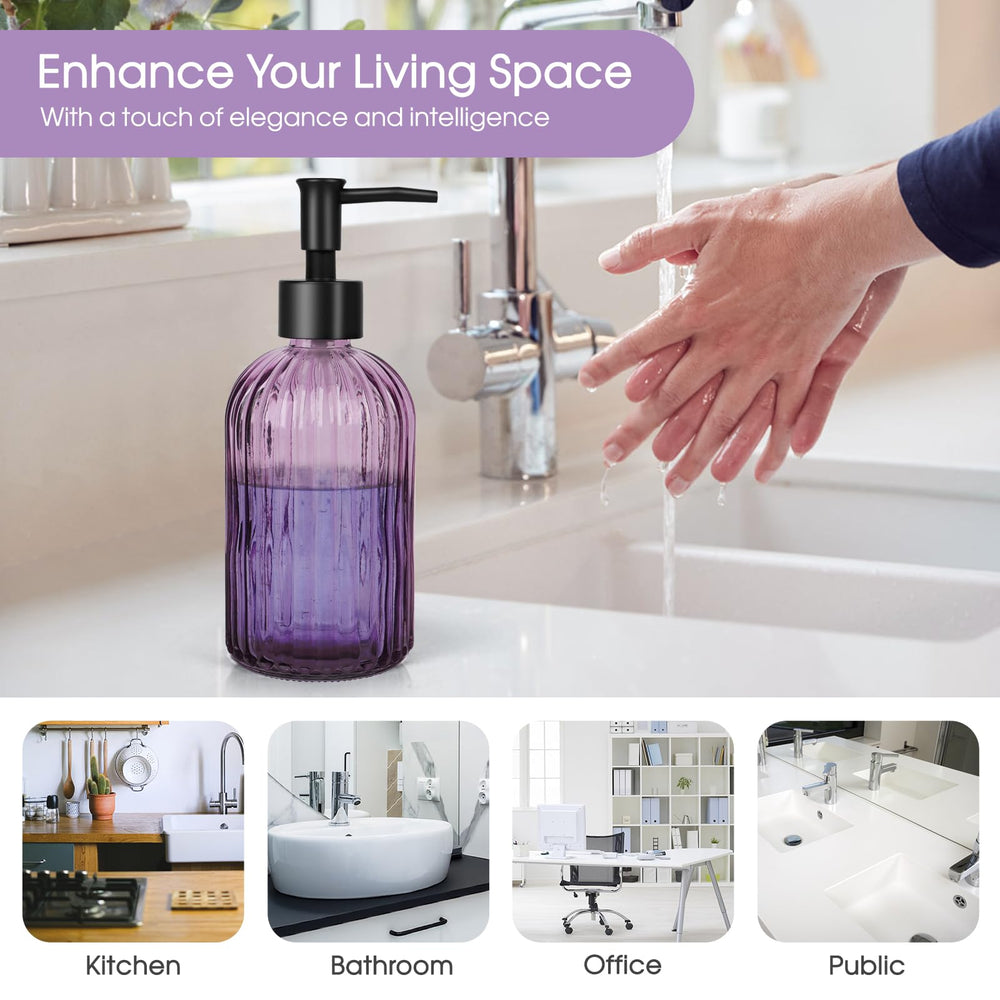 Topsky stripe glass soap dispenser purple easy-fill action demonstrated for quick refills.