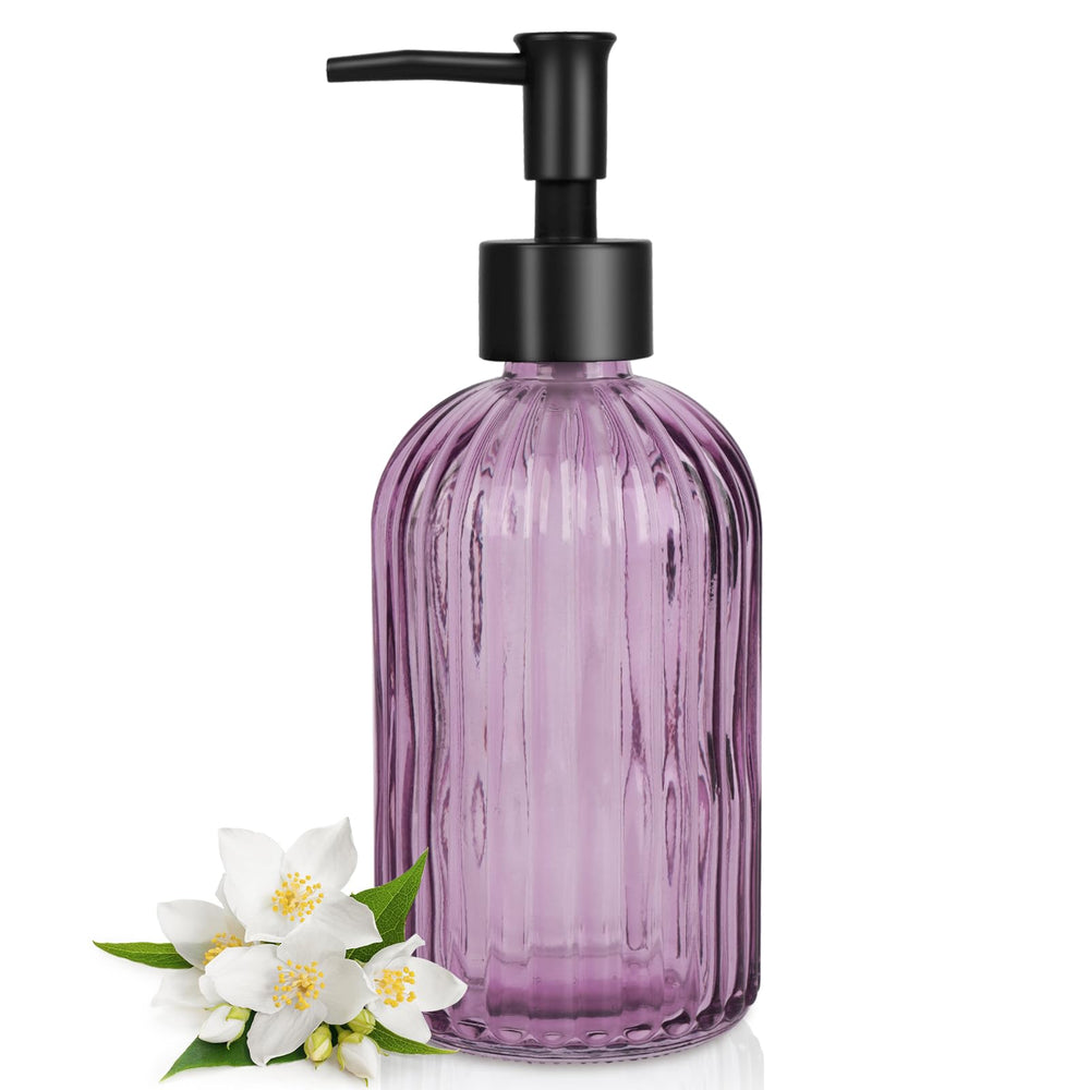 Topsky stripe glass soap dispenser purple front view for stylish bathroom or kitchen use.