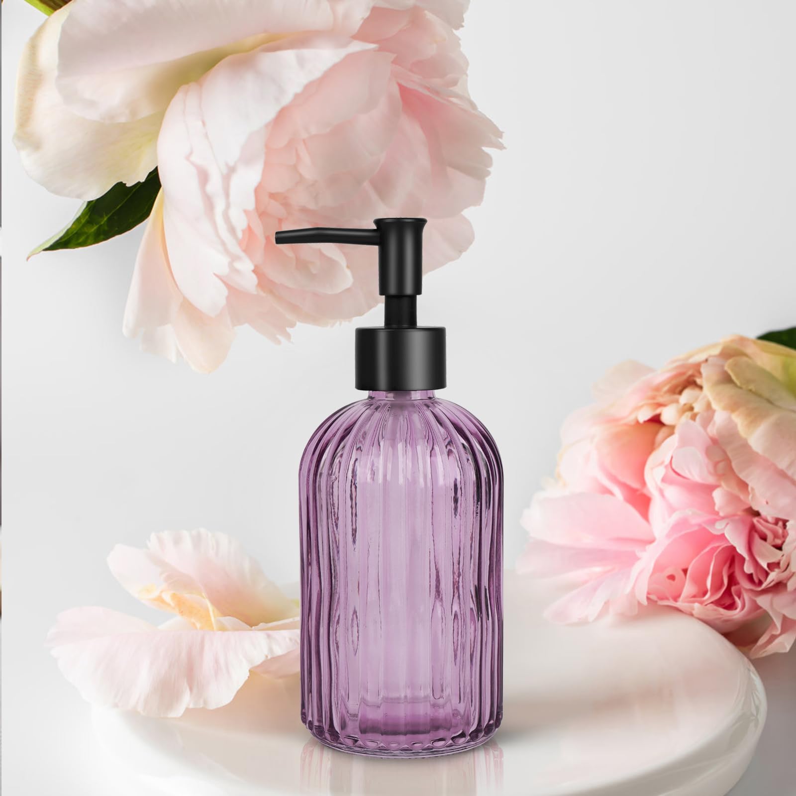 Topsky stripe glass soap dispenser purple with black pump close-up showing rustproof durability.