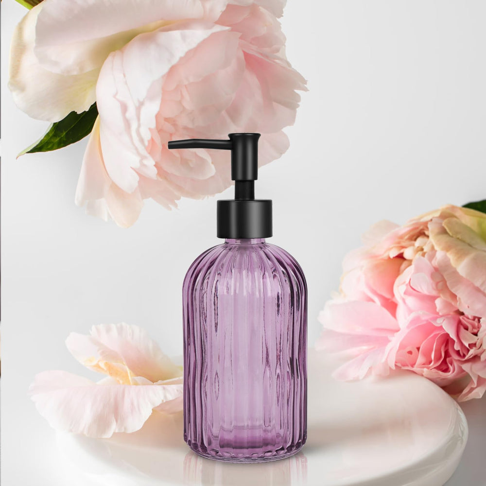 Topsky stripe glass soap dispenser purple with black pump close-up showing rustproof durability.