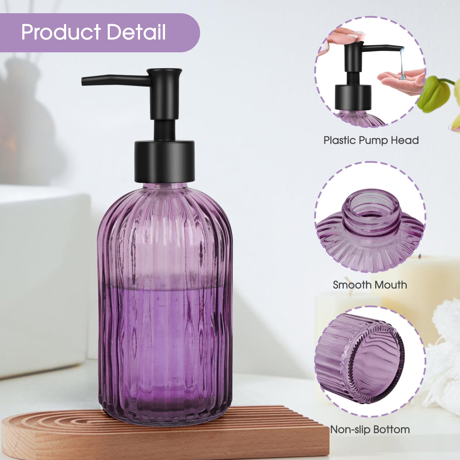 Topsky stripe glass soap dispenser purple rustproof pump detail ensures longevity.