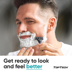 Toptech Razor 3 blade refill closeup showcases sharp blades for a smooth shave.
