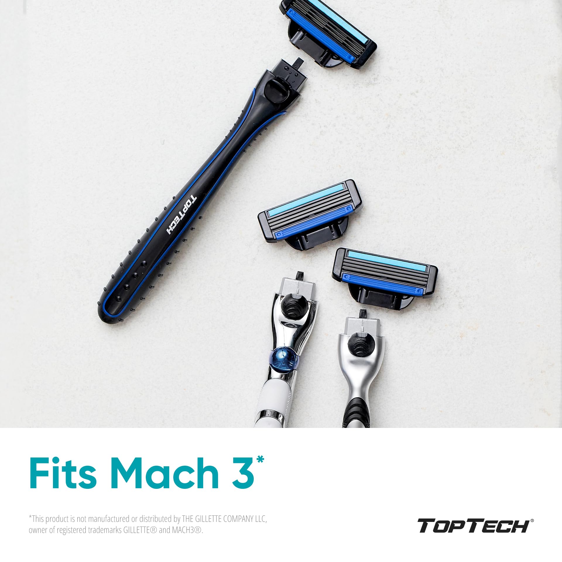 Toptech Razor 3 compatibility Mach3 image demonstrates seamless fit with Mach3 razors.