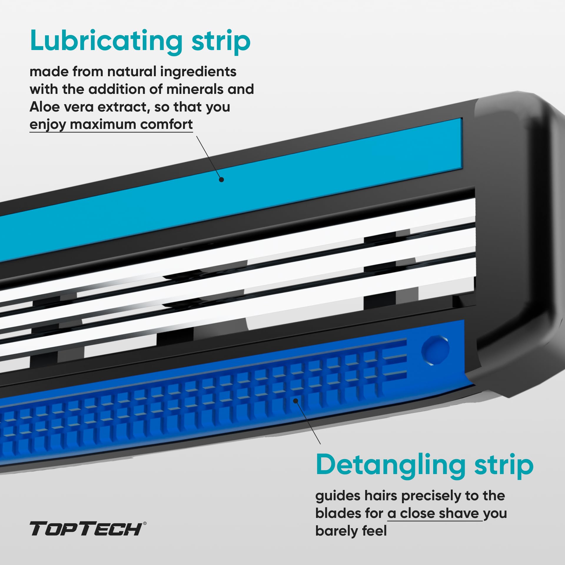 Toptech Razor 3 easy-glide technology image shows quick rinse and smooth shave prep.