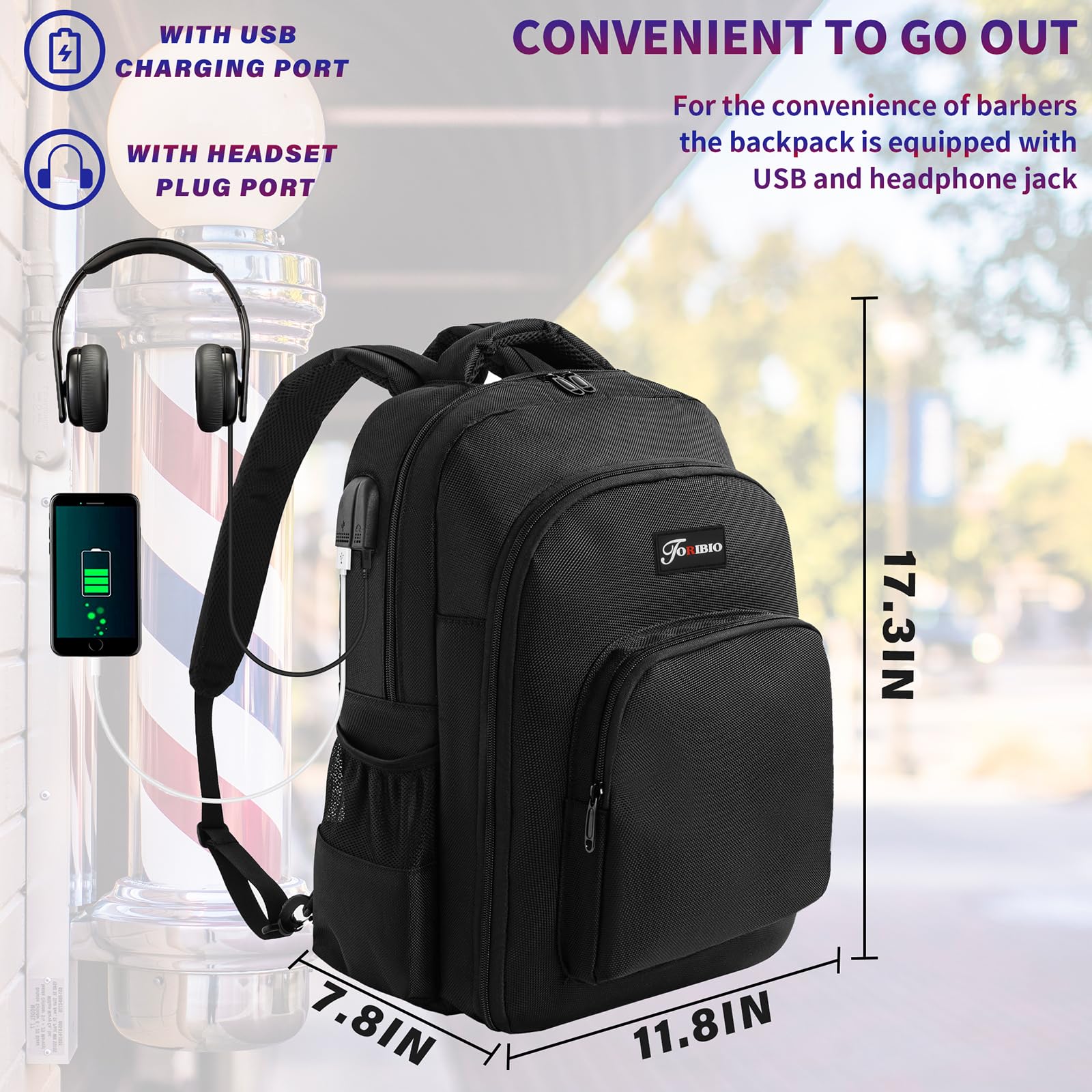 TORIBIO barber bag USB port design enables on-the-go charging.