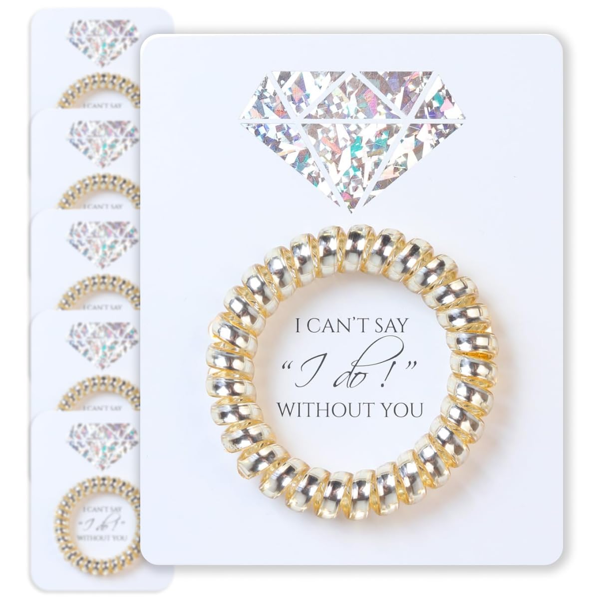 Toros bridesmaid gifts spiral hair ties on gold proposal card for bridal party gifts.