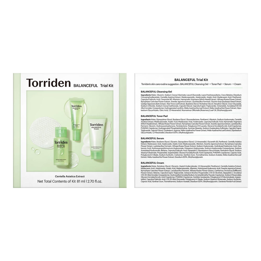 Torriden BALANCEFUL Cica Trial Kit holiday packaging on a clean vanity.