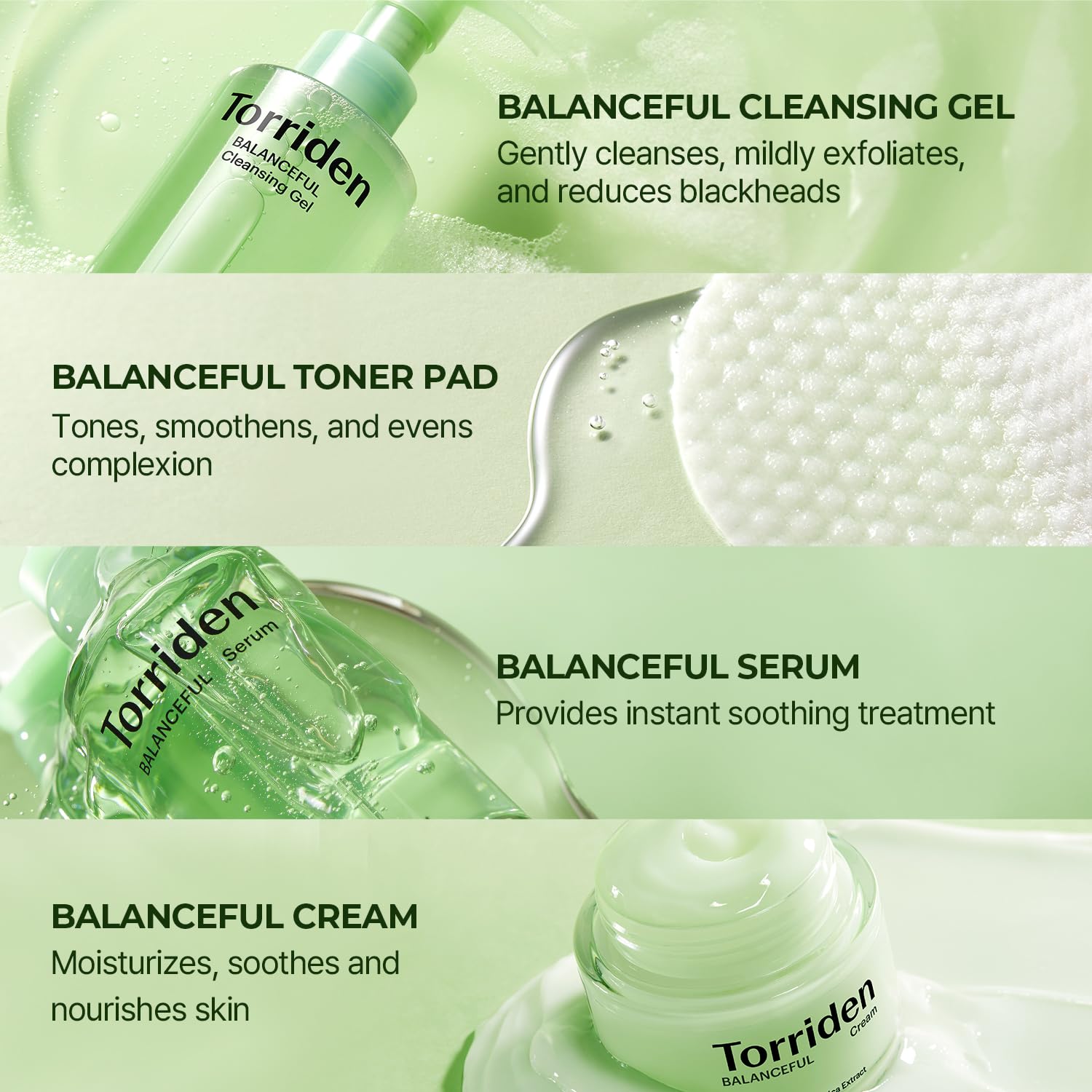 Torriden BALANCEFUL Cica Trial Kit travel-size bottles arranged for a compact routine.