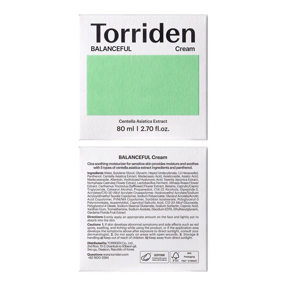 Torriden Balanceful Cream eco-packaging shot reinforces vegan, recycled materials commitment.