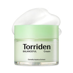 Torriden Balanceful Cream jar close-up shows soothing hydration for sensitive skin.
