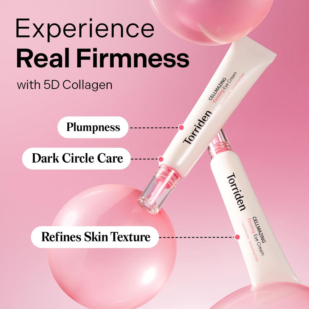 Torriden CELLMAZING jar application image showing precise eye-area care for visible texture improvement.