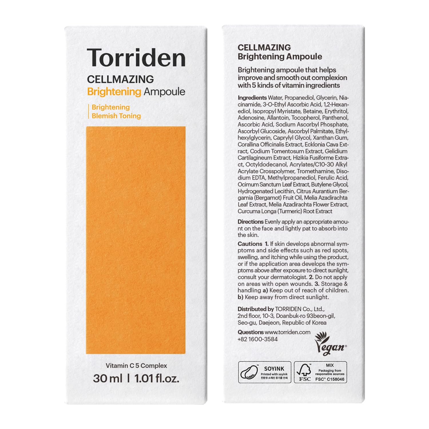 Torriden CELLMAZING vegan-friendly formula label confirms cruelty-free ingredients.