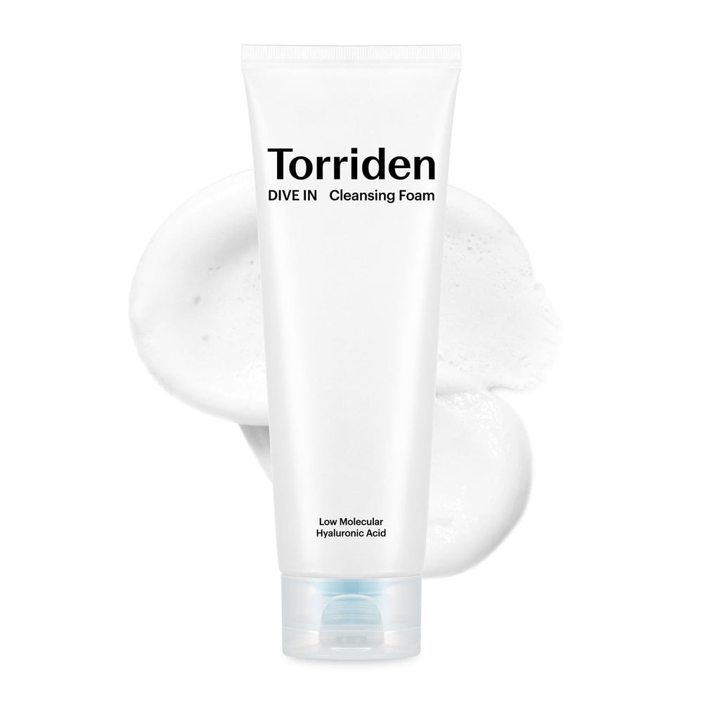 Torriden DIVE IN cleansing foam bottle displayed for daily facial cleansing