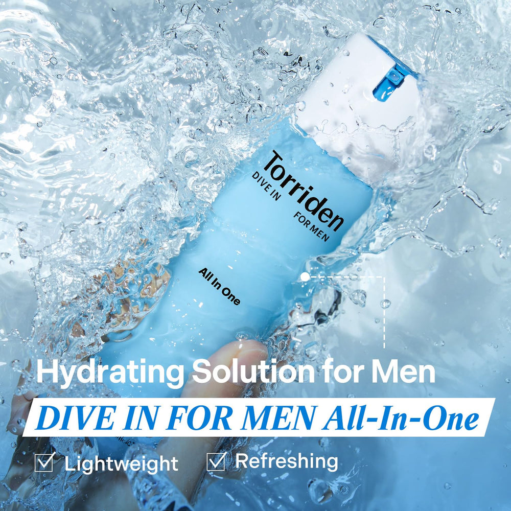 Torriden Dive In for Men panthenol and allantoin icons suggest soothing care.