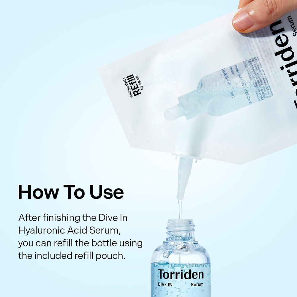 Torriden DIVE IN Serum 5D Hyaluronic Acid label indicating deep moisture delivery.