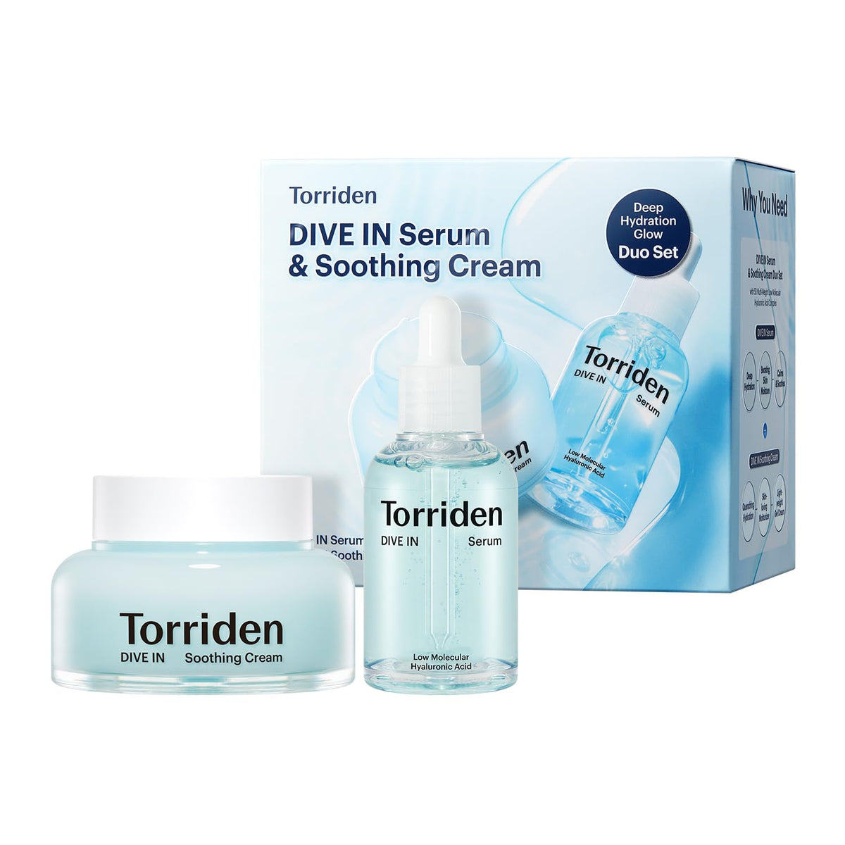 Torriden DIVE IN Serum bottle closeup shows lightweight hydration for makeup-ready skin.