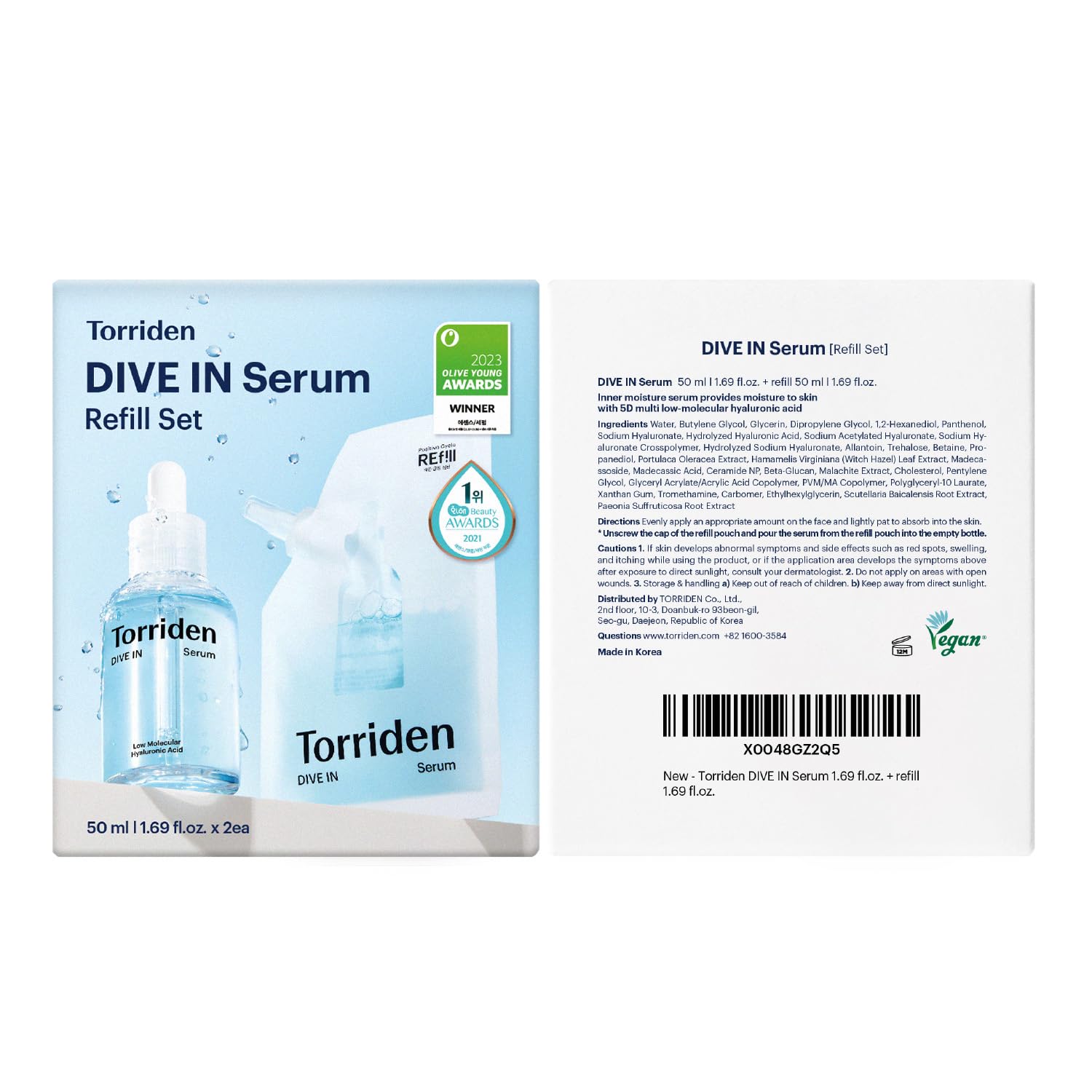 Torriden DIVE IN Serum FSC-certified packaging details.