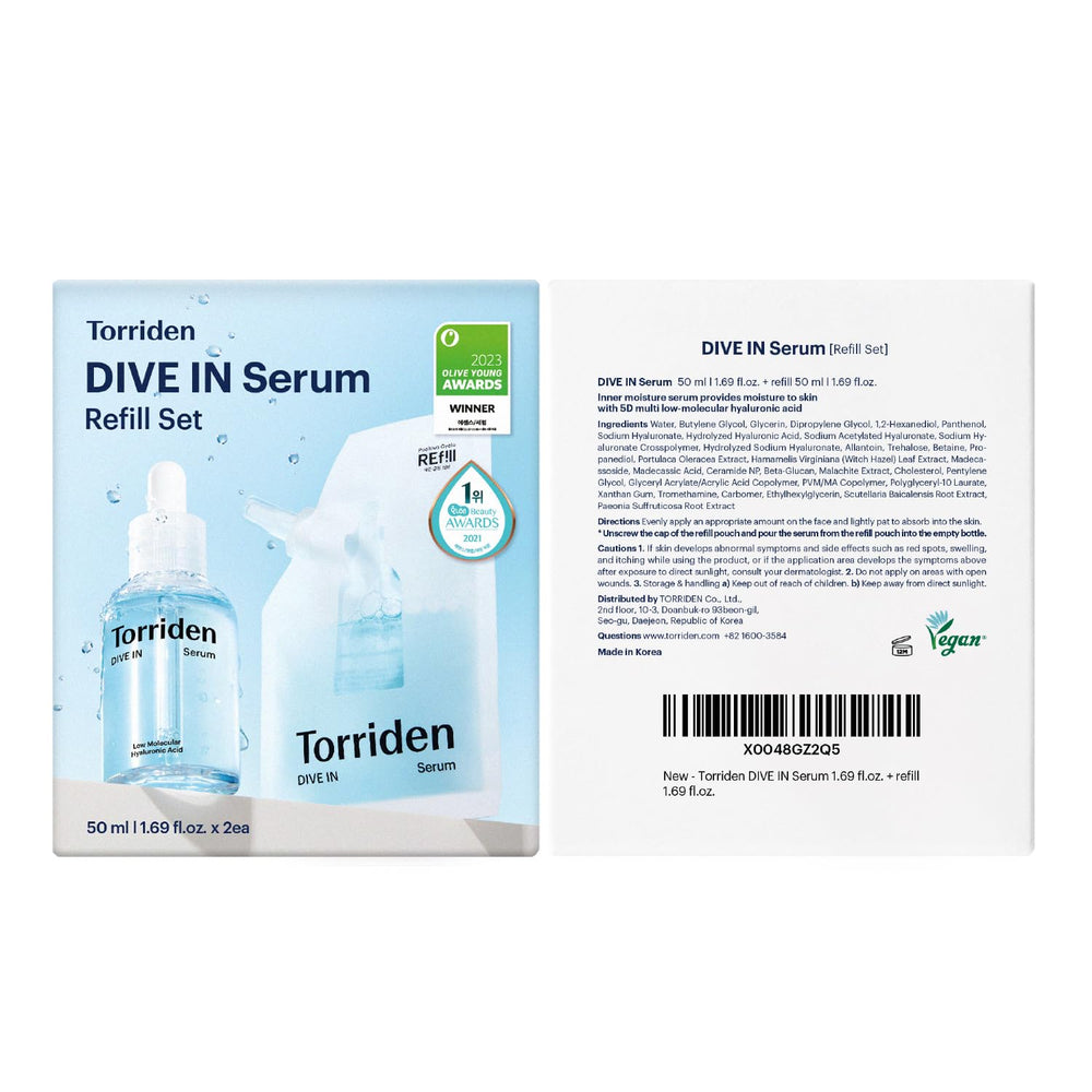 Torriden DIVE IN Serum FSC-certified packaging details.