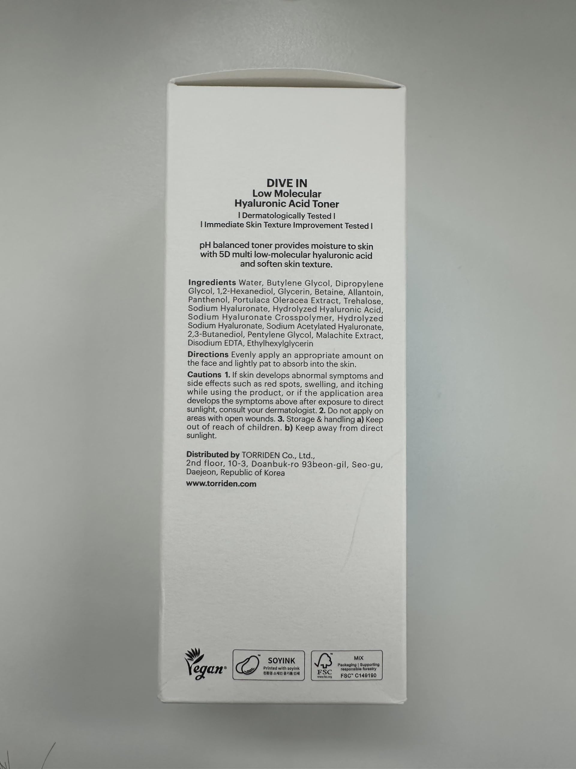 Torriden Dive in Toner vegan packaging closeup