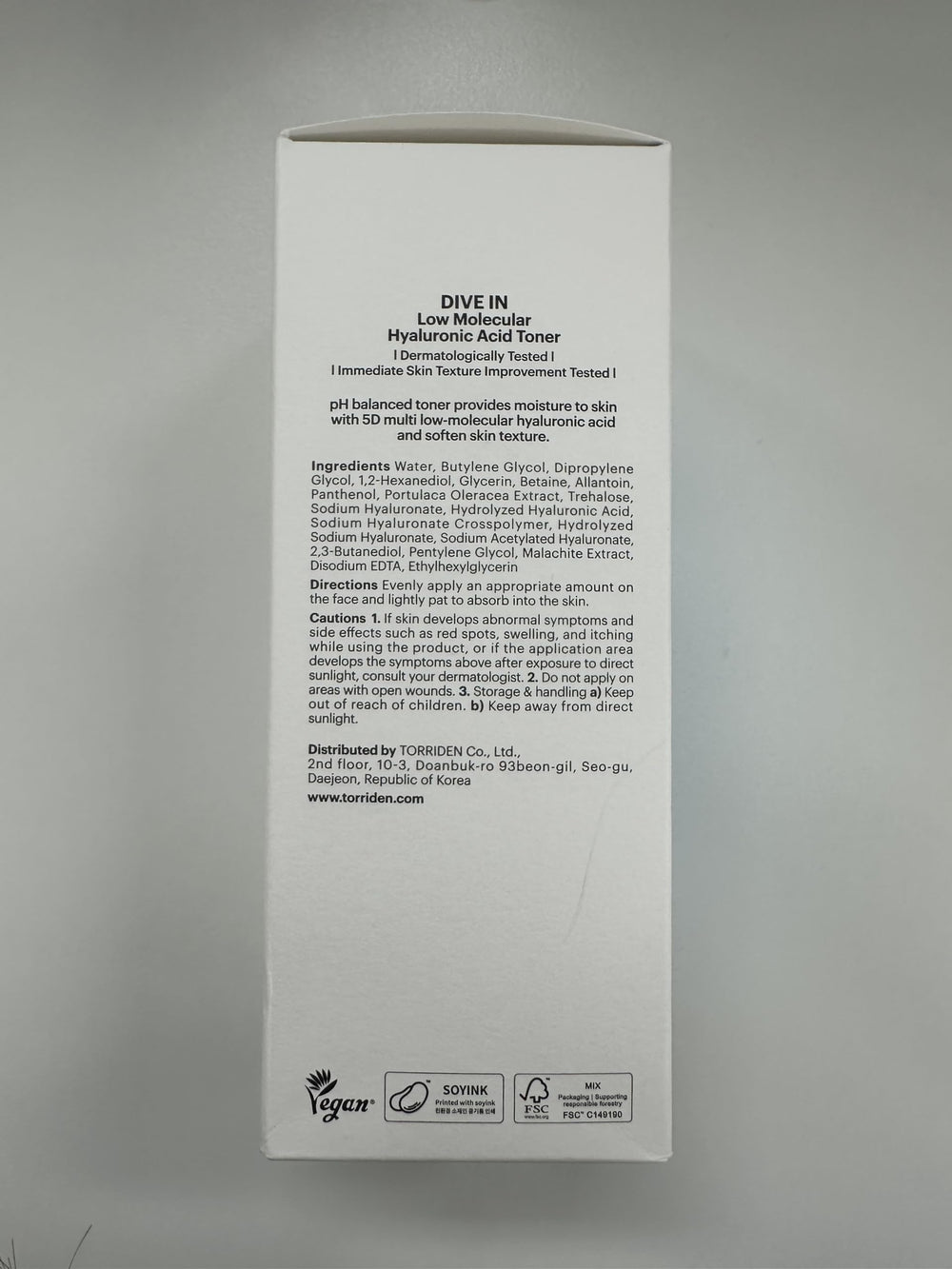 Torriden Dive in Toner vegan packaging closeup
