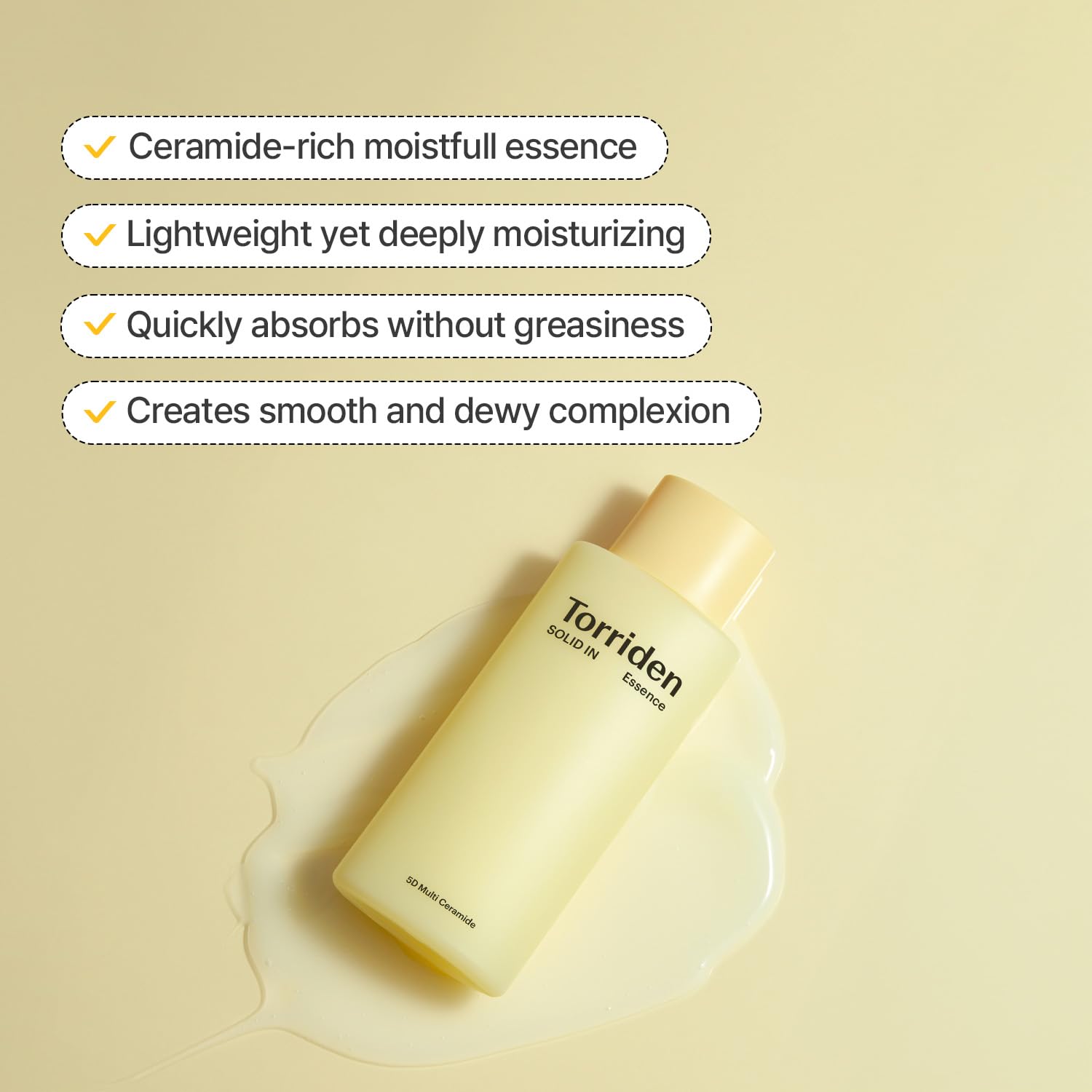 Torriden SOLID IN Ceramide Essence ingredients label highlights clean vegan formula.