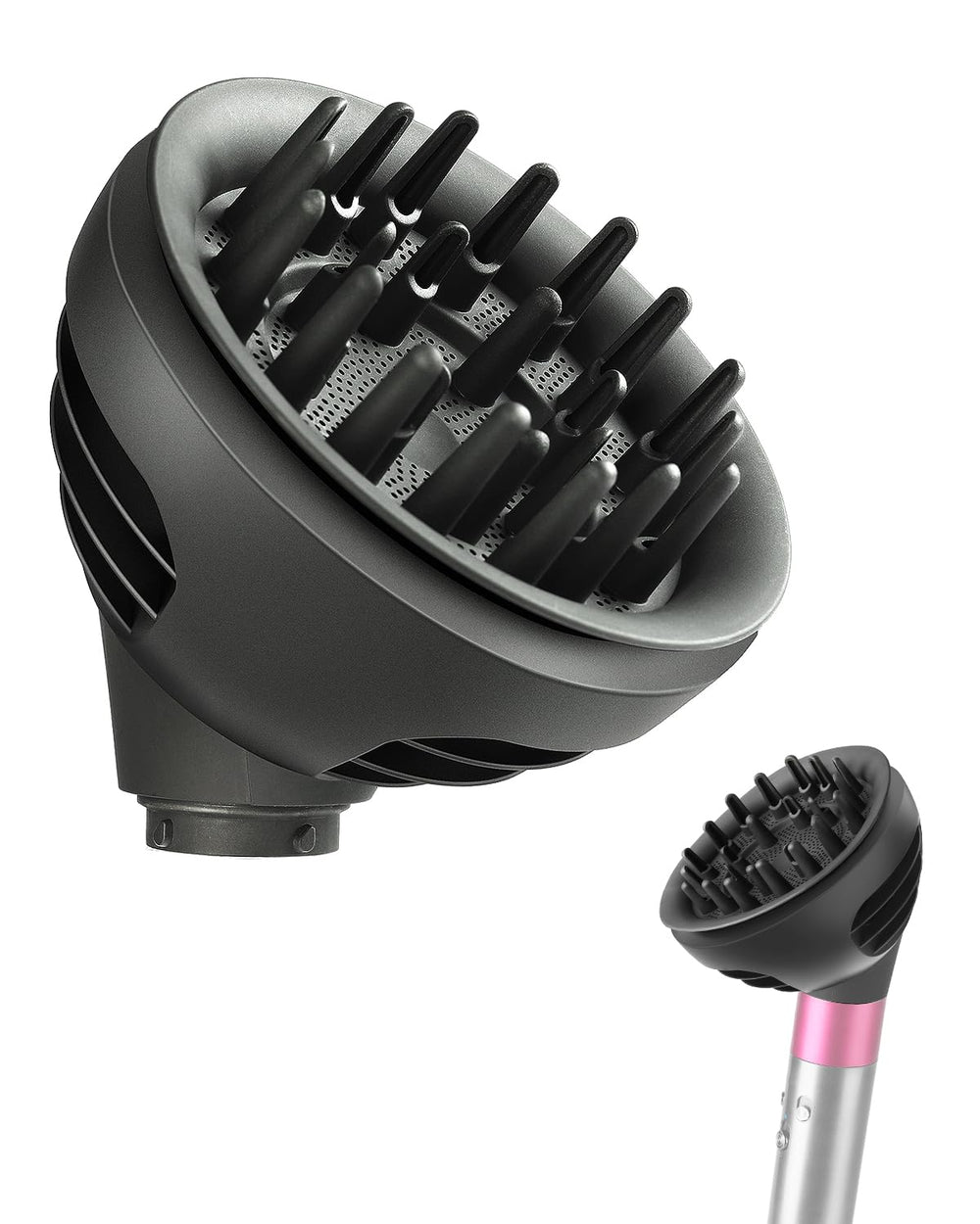 TOSAGE Wave+Curl diffuser on Airwrap attachment for even heat distribution during styling.