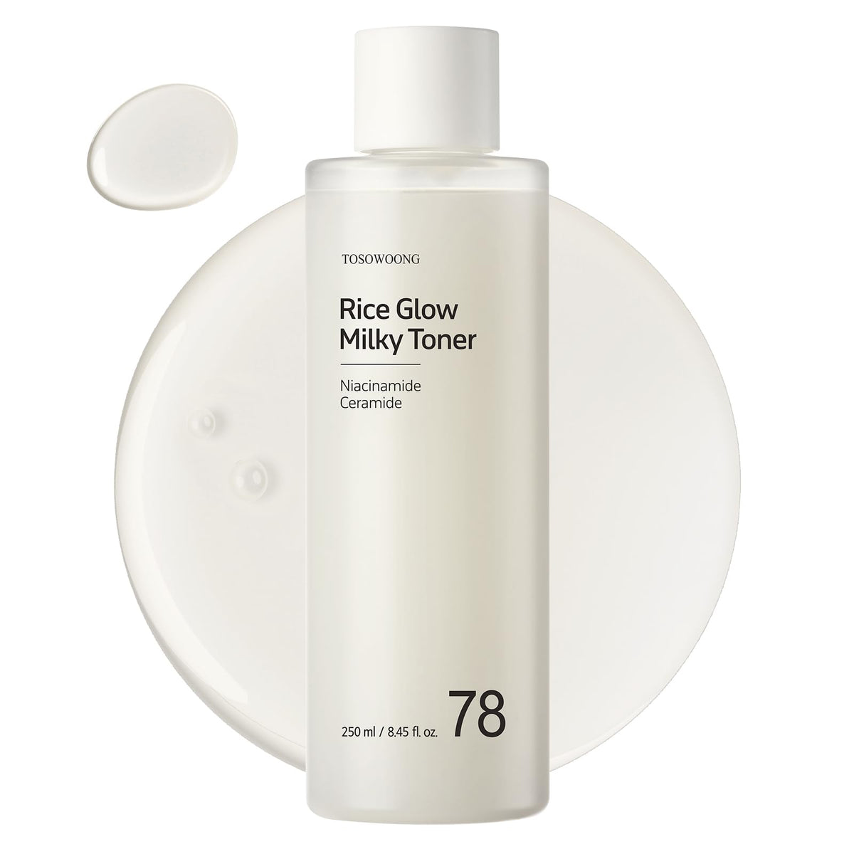 TOSOWOONG Rice Glow Milky Toner bottle close-up highlighting hydrating formula for glass skin