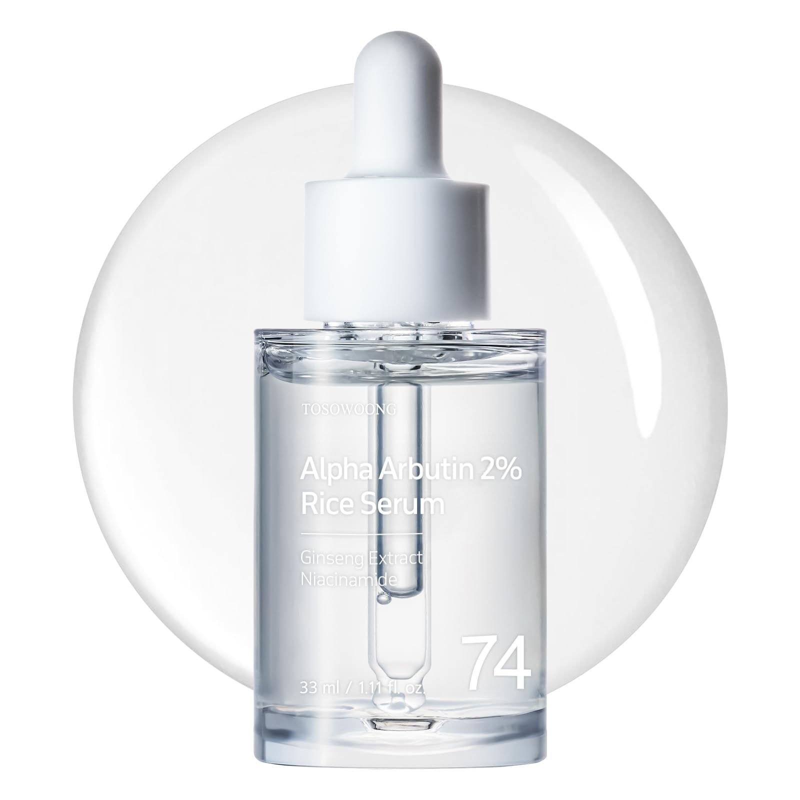 TOSOWOONG Alpha Arbutin 2 Rice Serum bottle highlights premium glass packaging for hydration.