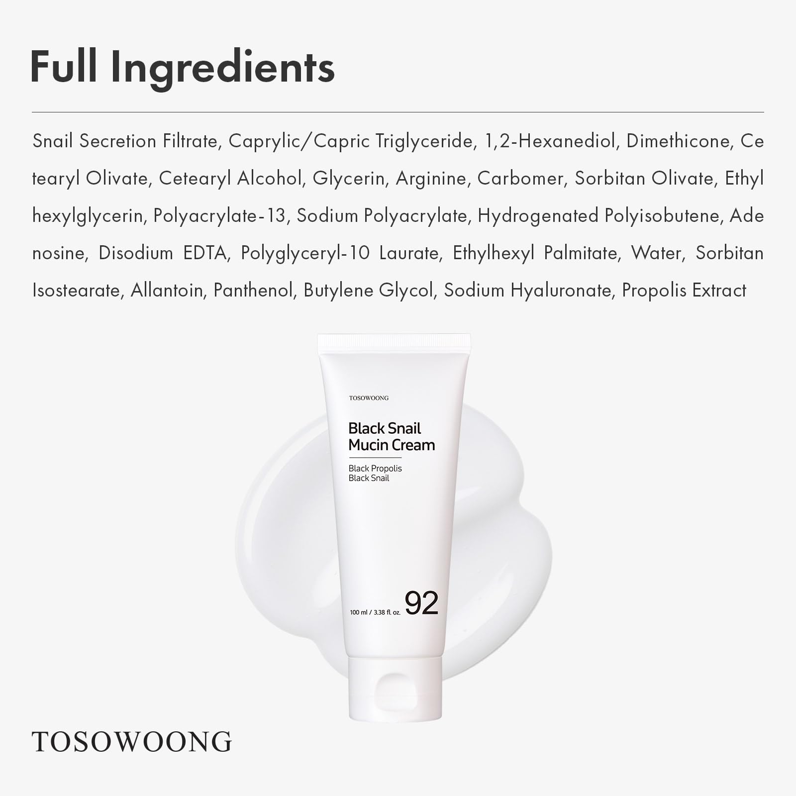 TOSOWOONG Black Snail Mucin 92% cream glow finish on skin indicates radiant, supple look.
