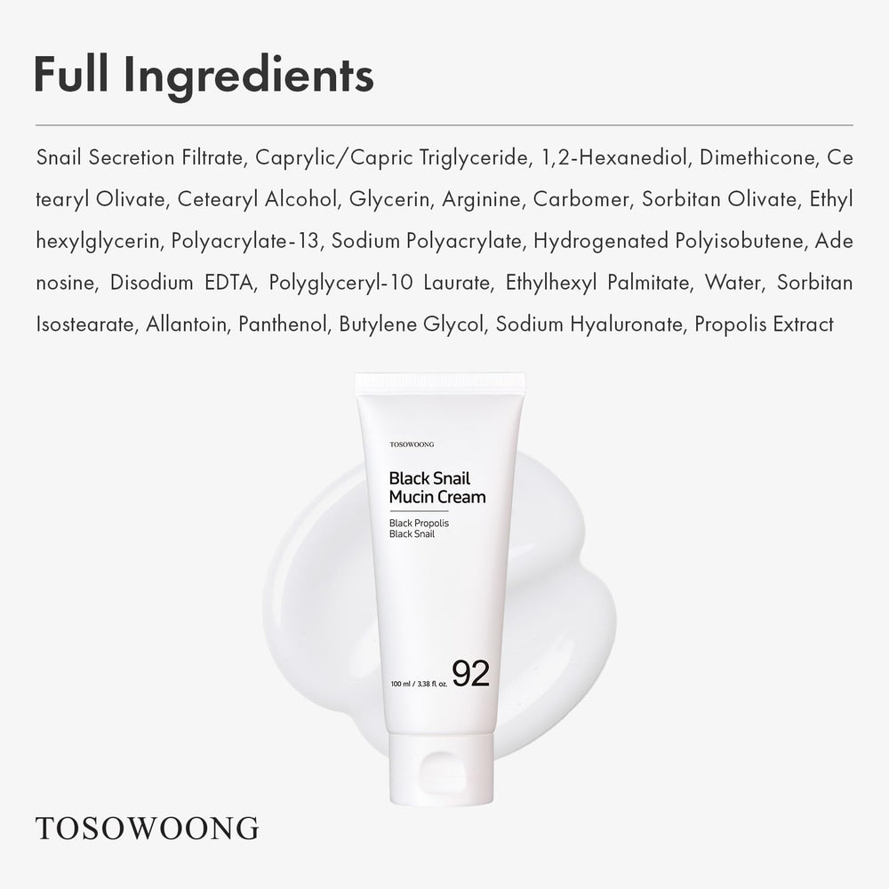 TOSOWOONG Black Snail Mucin 92% cream glow finish on skin indicates radiant, supple look.