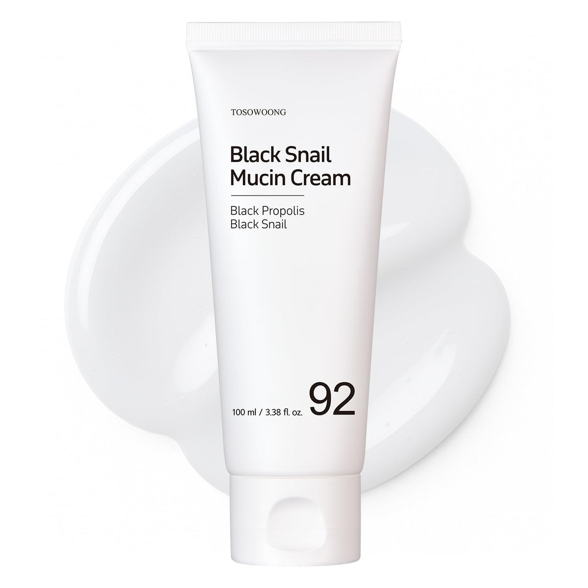 TOSOWOONG Black Snail Mucin 92% cream jar closeup highlighting rich hydration for the skin.
