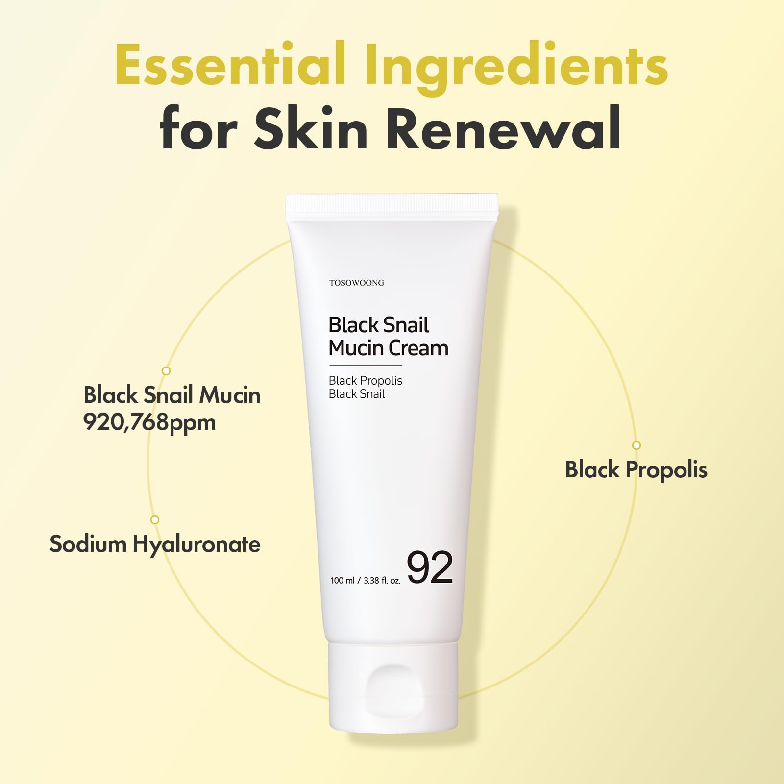 TOSOWOONG Black Snail Mucin 92% cream texture swirl shows lightweight, non-sticky moisture.