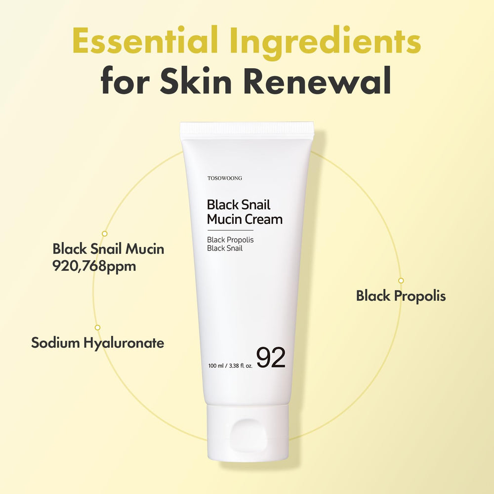TOSOWOONG Black Snail Mucin 92% cream texture swirl shows lightweight, non-sticky moisture.