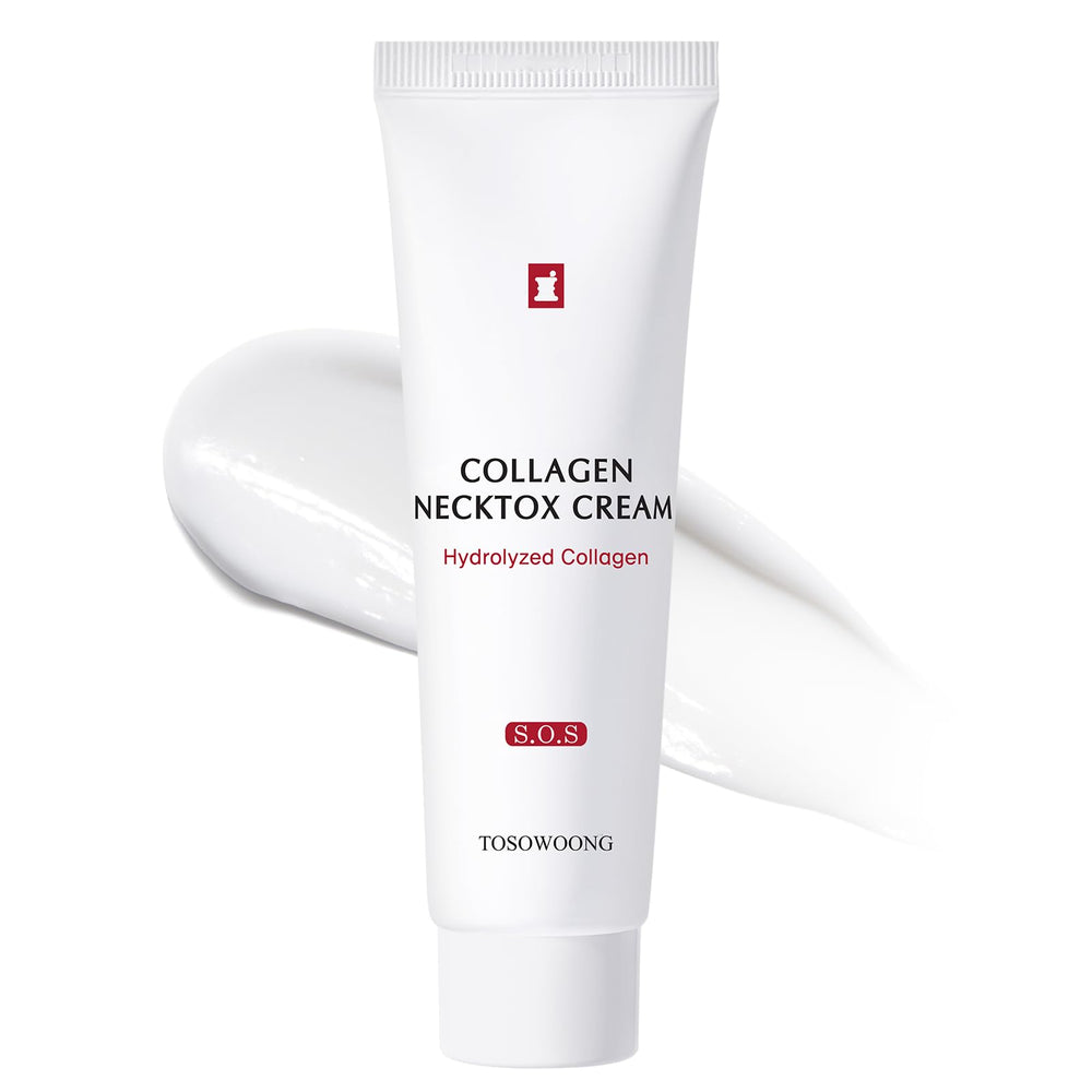 TOSOWOONG Collagen Necktox Cream bottle close-up for neck firming and hydration.
