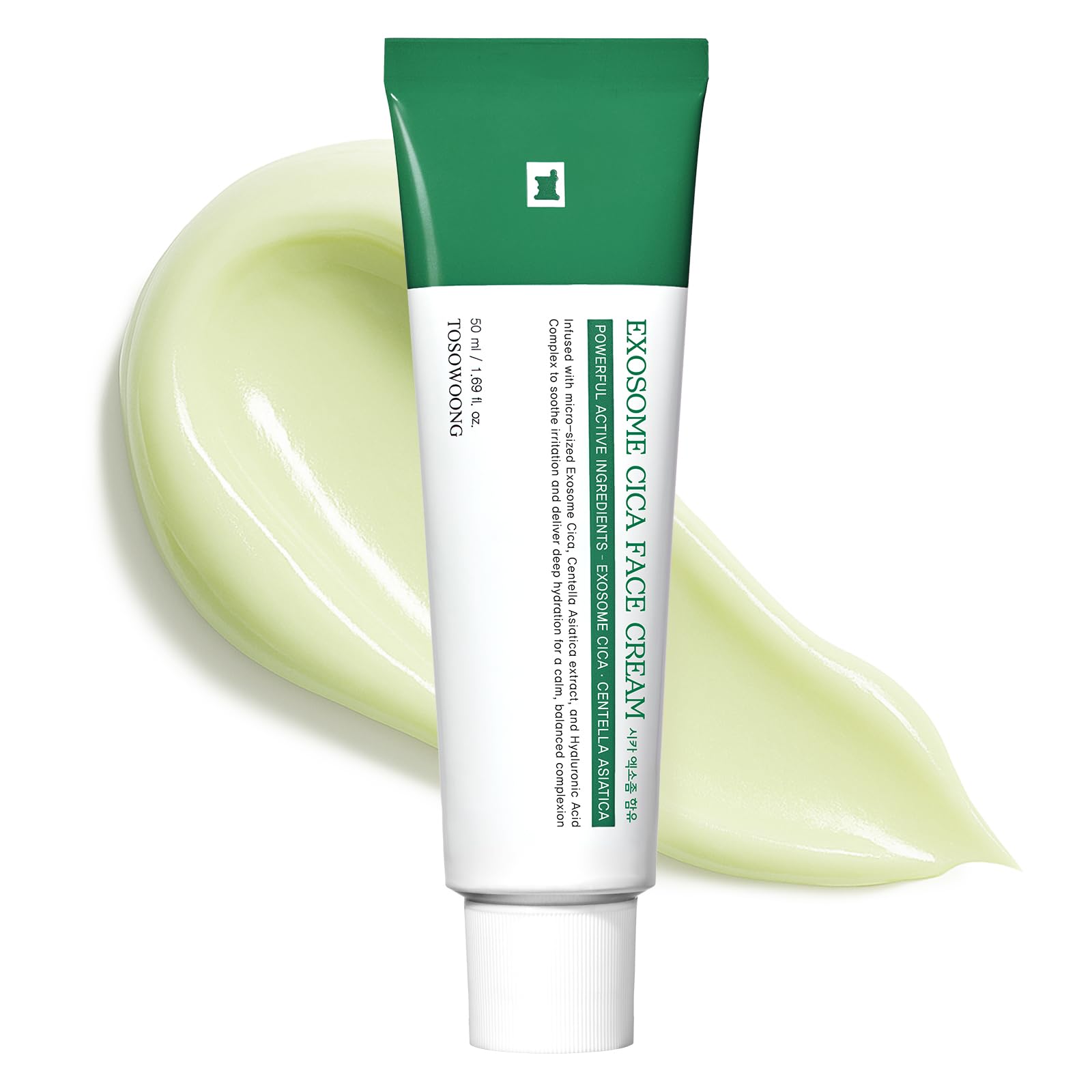 TOSOWOONG Exosome CICA Face Cream tube close-up showing smooth, calming hydration