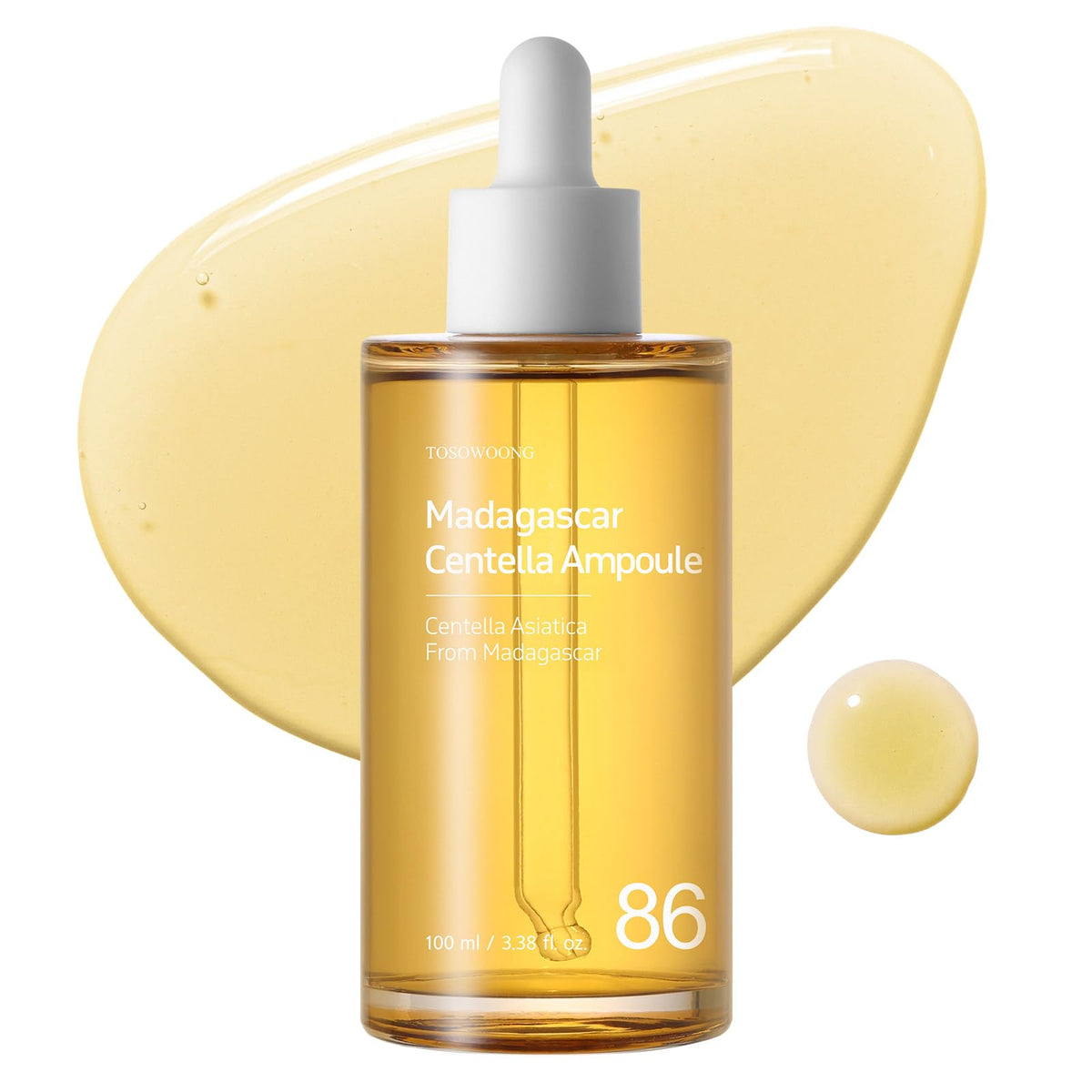 The TOSOWOONG Madagascar Centella ampoule bottle sits on the vanity, promoting soothing skin care.
