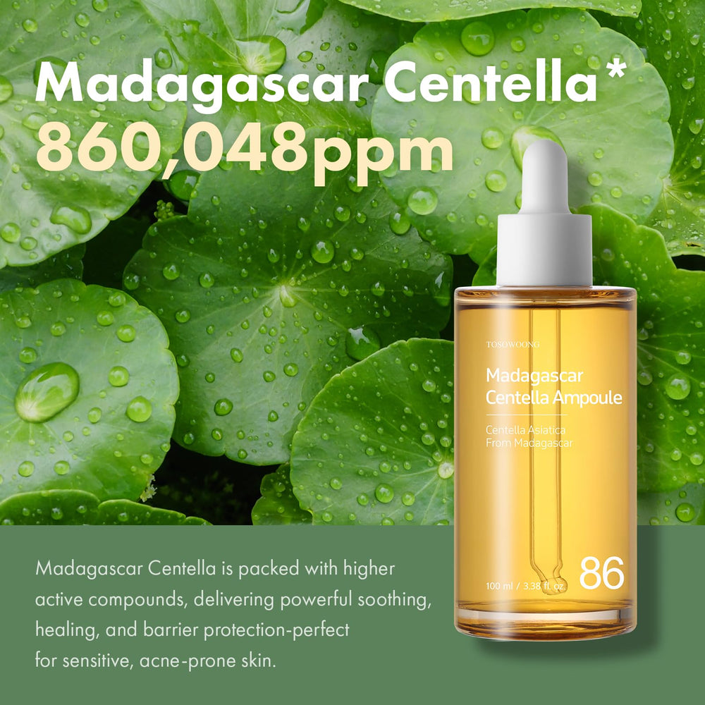 TOSOWOONG ampoule dropper close-up highlights Centella-rich formula for sensitive skin.