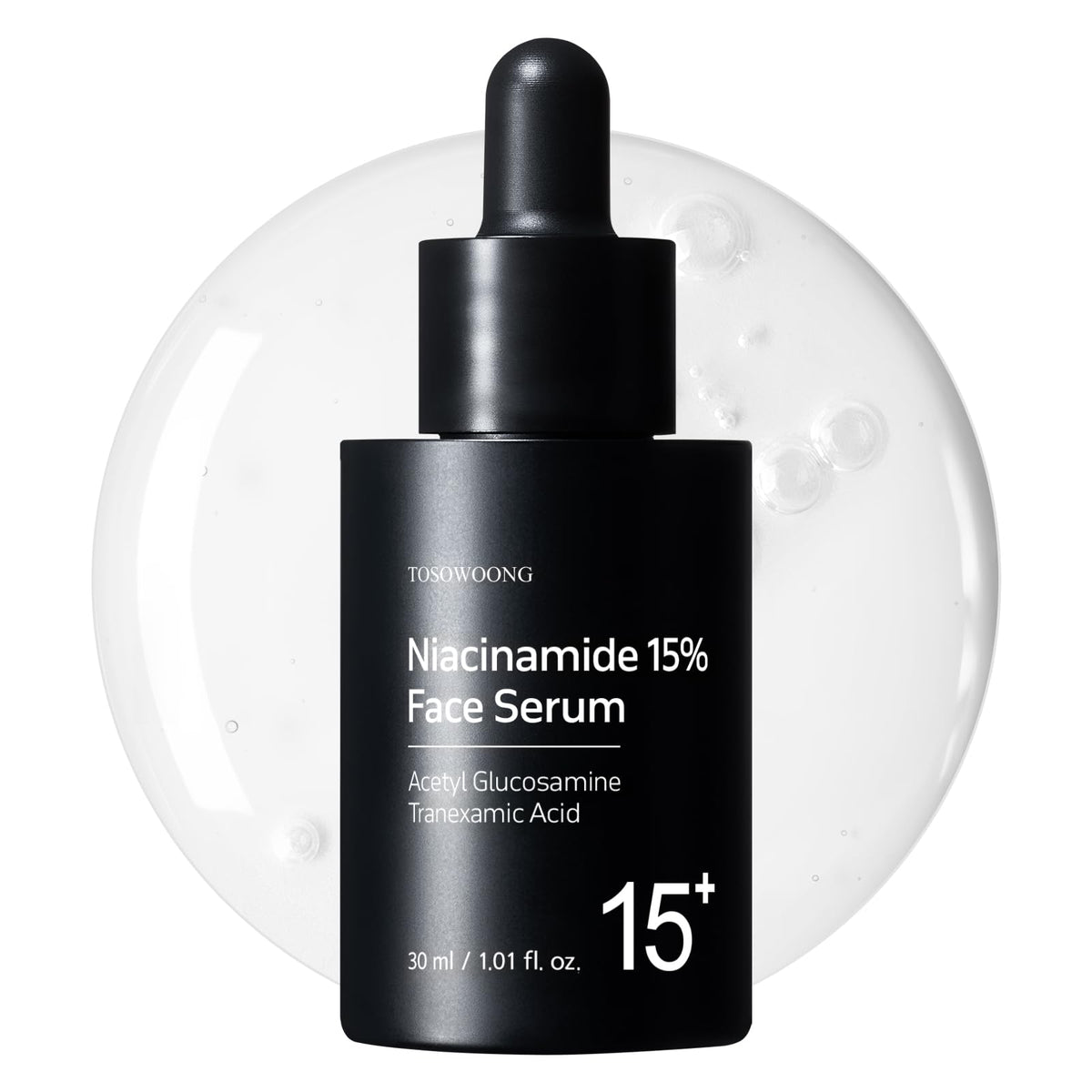 TOSOWOONG Niacinamide 15% serum bottle shows sleek pore-minimizing packaging
